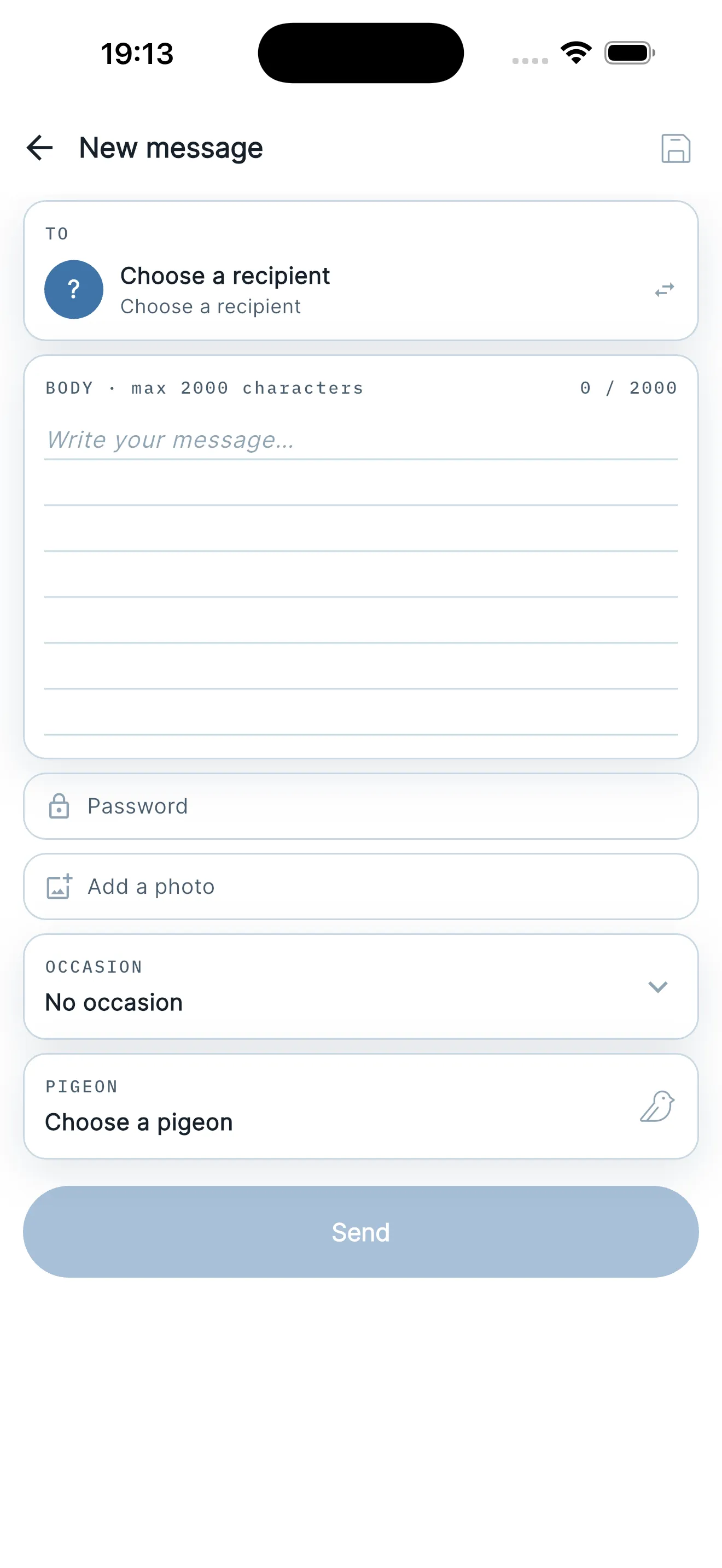 New message form: recipient, text, password, photo and pigeon choice