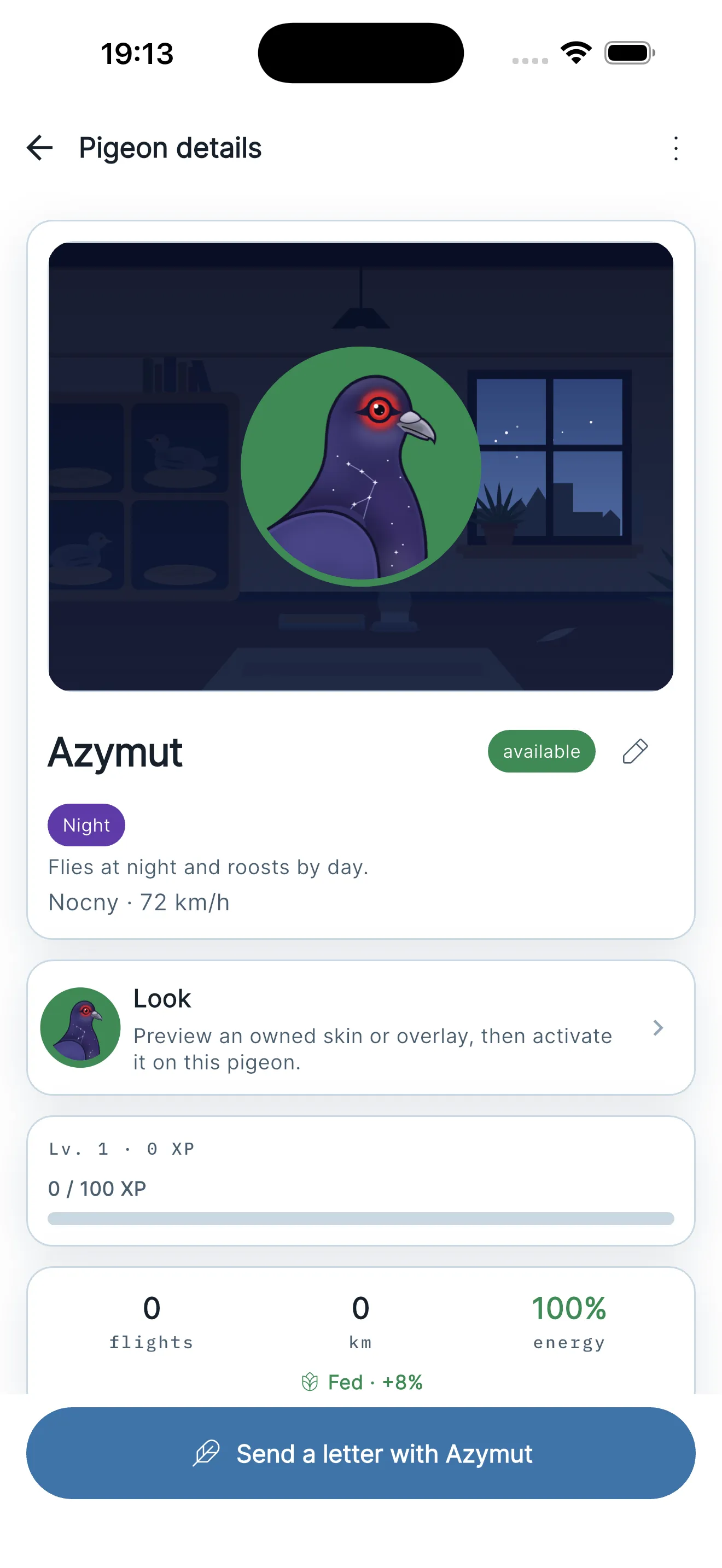 Pigeon details: looks, level and send a letter