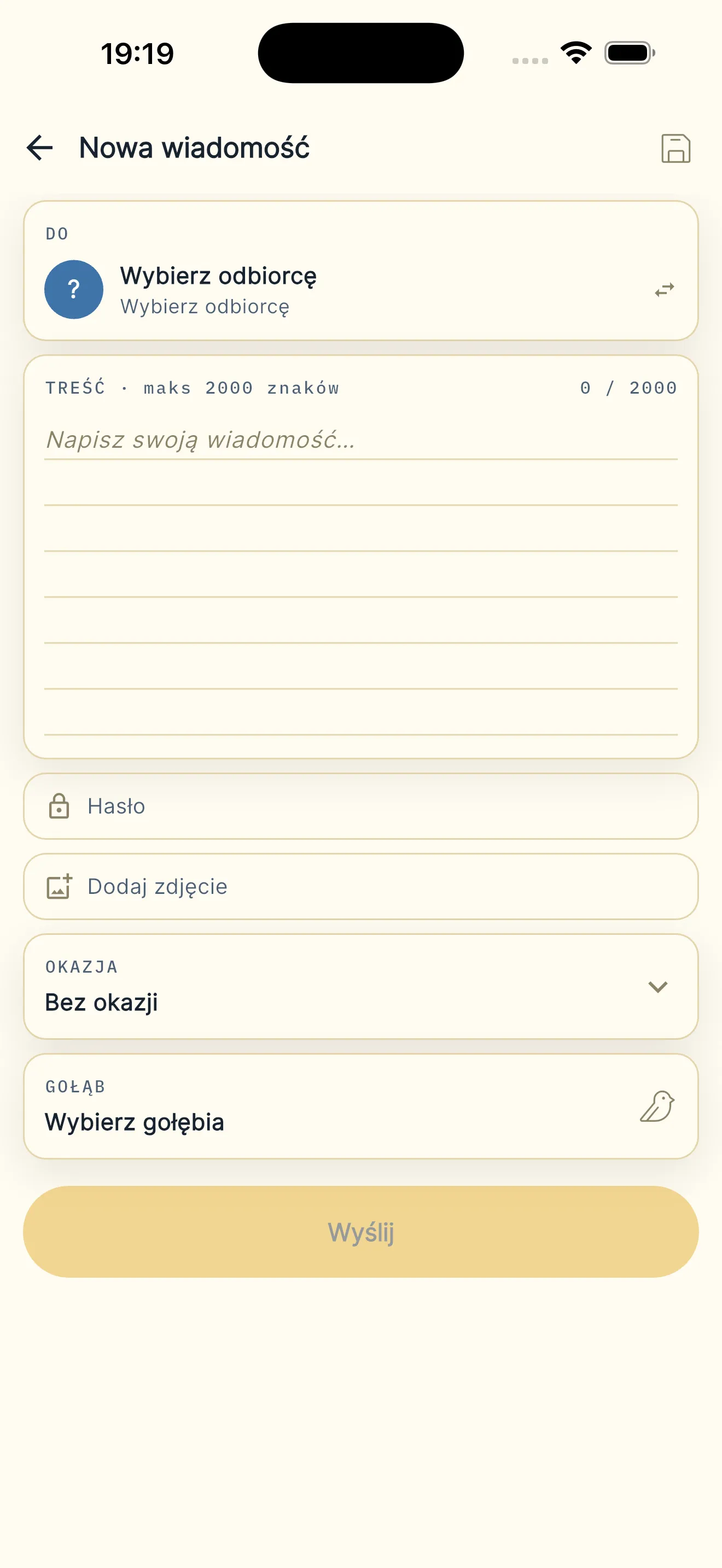 Formularz nowyj wiadomości: adresat, treść, hasło, zdjyńcie i wybōr gołymbia
