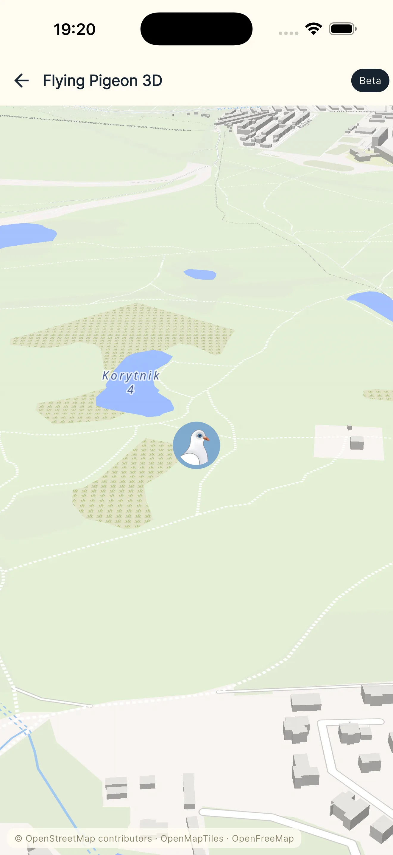 Widok 3D lotu gołymbia nad mapōm terynu